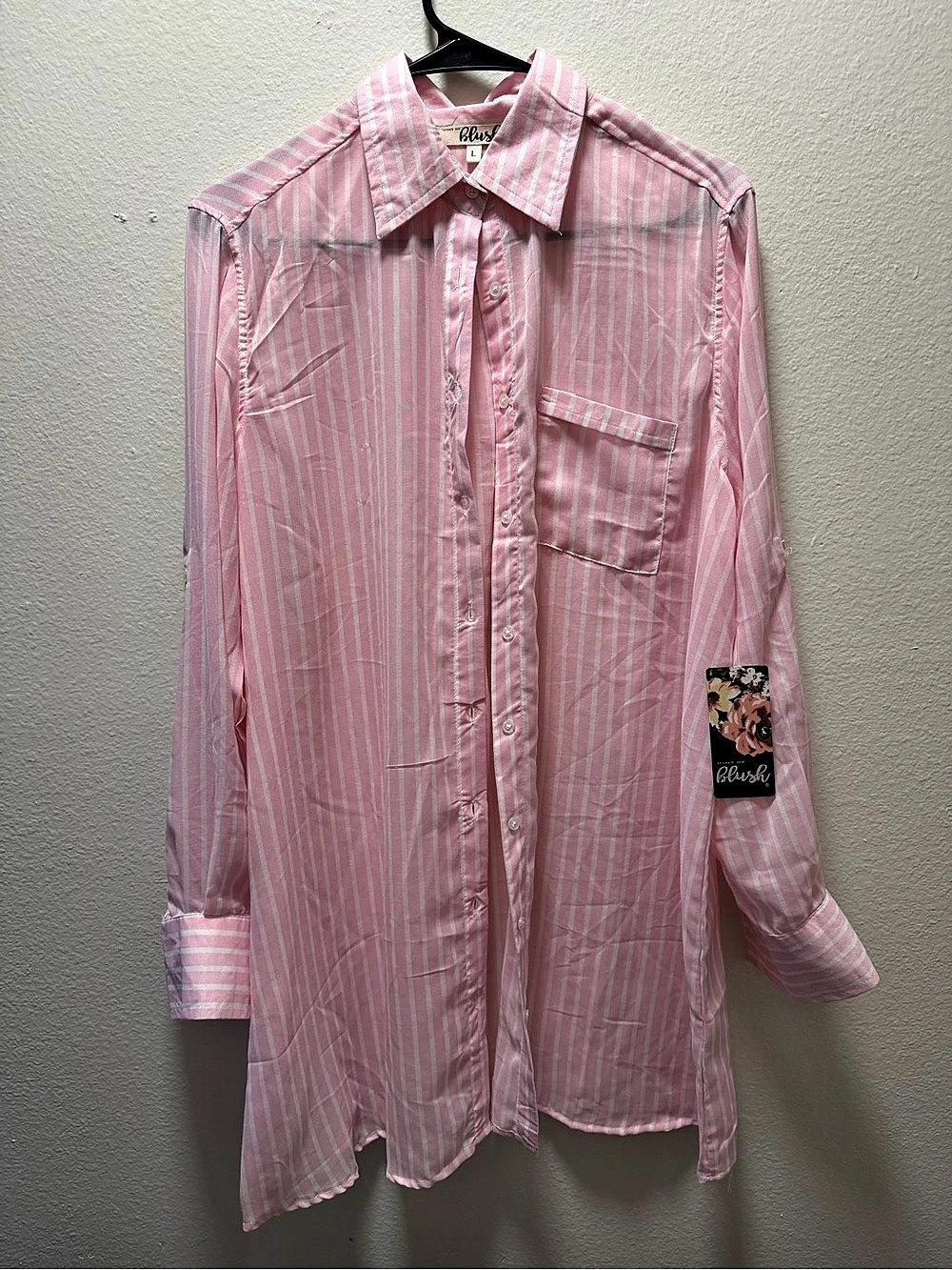 Hint of Blush Striped Button Down in Pink & White Large NWT
